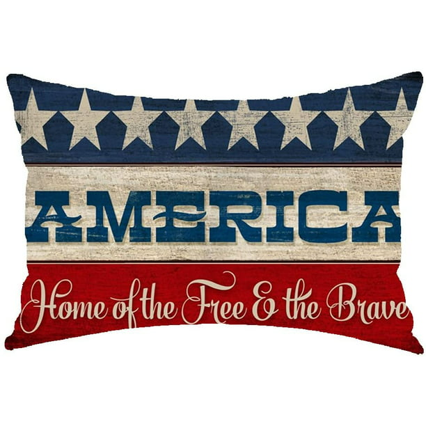 A NIDITW Happy Independence Day Fourth of July American Flag Home of Free Cotton Burlap Decorative Rectangle Throw Lumbar Waist Pillow Case Cushion Cover for Couch Living Room 12X20 inches 